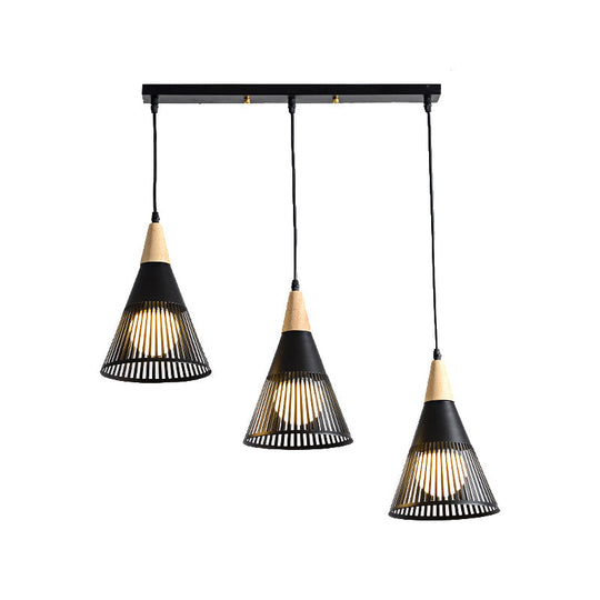 Nordic Cone Ceiling Light With 3 Metal And Wood Pendant Heads