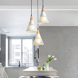 Nordic Cone Ceiling Light With 3 Metal And Wood Pendant Heads White / Round