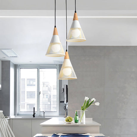 Nordic Cone Ceiling Light With 3 Metal And Wood Pendant Heads White / Round