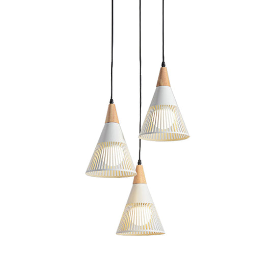 Nordic Cone Ceiling Light - 3 Head Metal And Wood Pendant Lighting With Wire Frame Linear/Round