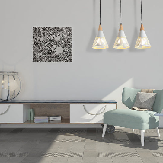 Nordic Cone Ceiling Light - 3 Head Metal And Wood Pendant Lighting With Wire Frame Linear/Round
