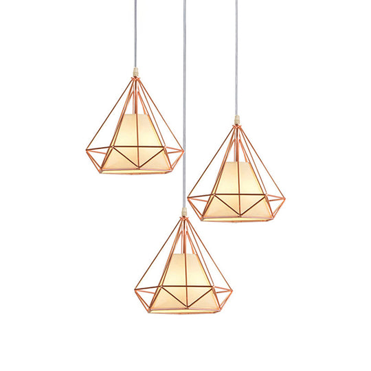 Rose Gold Wire Frame Pendant Lamp With Modern Style Design - 3 Bulbs Fabric And Metal Linear/Round