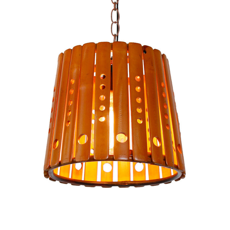 Modern Wood Barrel Pendant Light For Dining Room In Brown