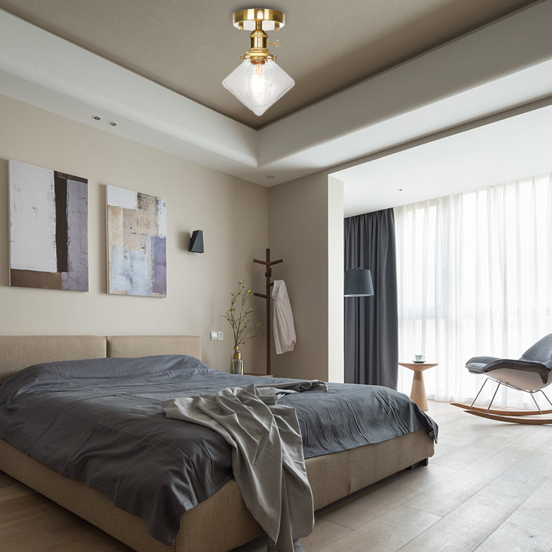 Industrially Styled Gem Shade Semi Flush Light For Living Rooms With Prismatic Glass And