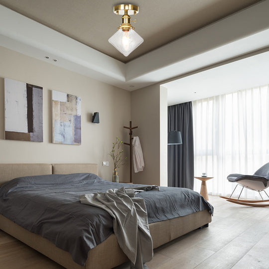 Industrially Styled Gem Shade Semi Flush Light For Living Rooms With Prismatic Glass And