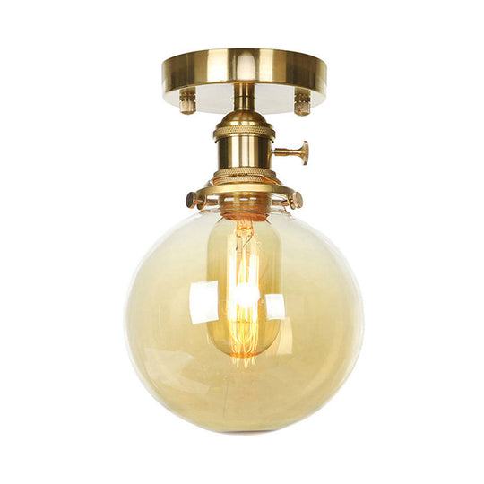 Farmhouse Brass Ceiling Light With Clear/Amber Glass Globe - Semi Flush Mount For Dining Room