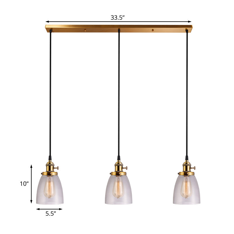 Industrial Aged Brass Dining Room Pendant Light Fixture With Tapered Clear Glass Shades - 3-Light