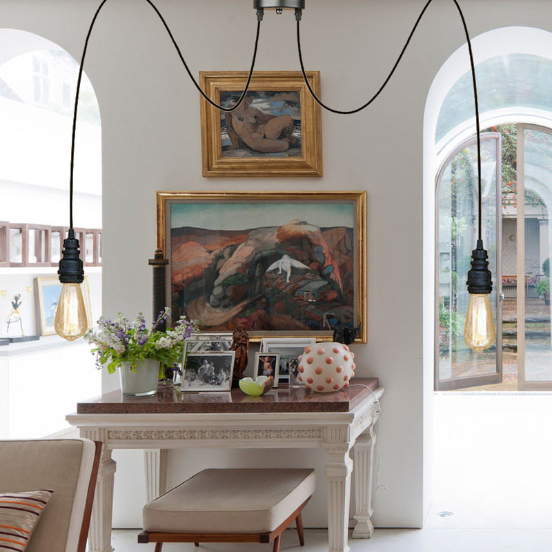 Industrial Swag Hanging Lamp With Exposed Bulb - Black Metal Pendant Light (2/3 Heads)