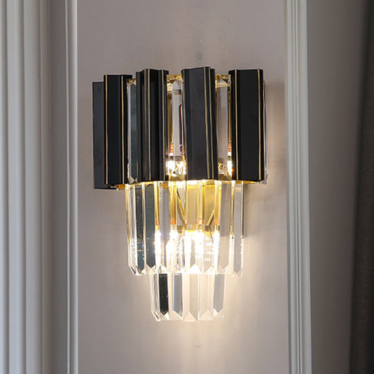 Contemporary Black Box Wall Lamp With 3 Clear Crystal Prisms & Tapered Bulbs