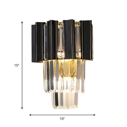 Contemporary Black Box Wall Lamp With 3 Clear Crystal Prisms & Tapered Bulbs