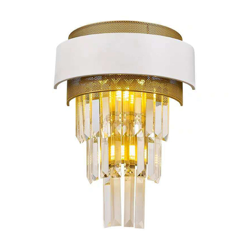 Modern White Square/Round Crystal Prisms Wall Sconce With Gold Mesh