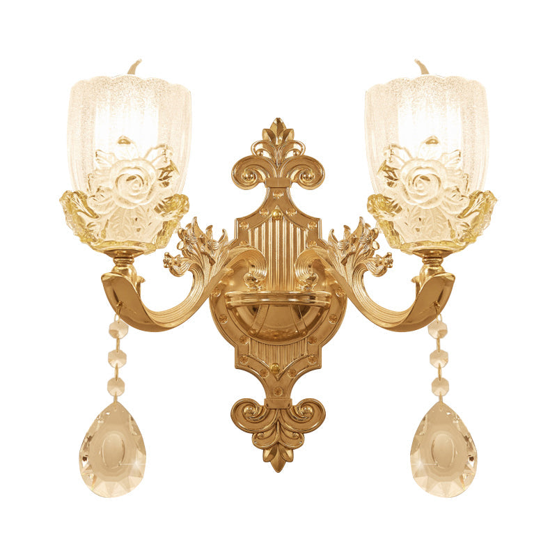 Clear Crystal Floral Shade Wall Lamp - Traditional Brass Sconce Light With Curvy Arm 1/2-Head