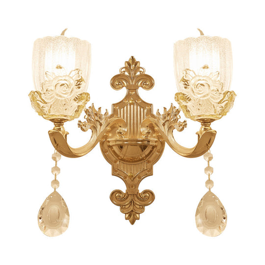 Clear Crystal Floral Shade Wall Lamp - Traditional Brass Sconce Light With Curvy Arm 1/2-Head