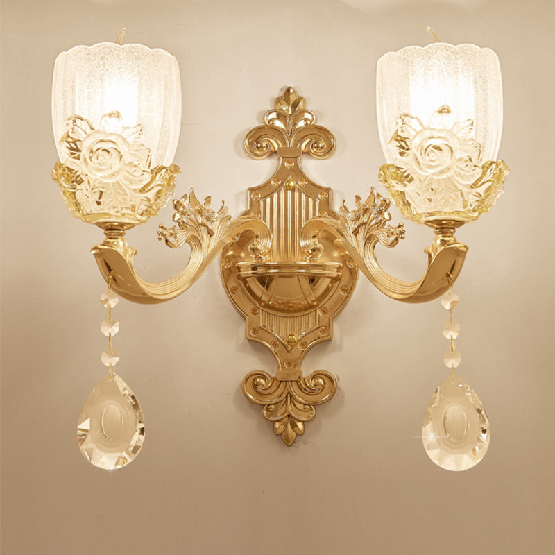 Clear Crystal Floral Shade Wall Lamp - Traditional Brass Sconce Light With Curvy Arm 1/2-Head