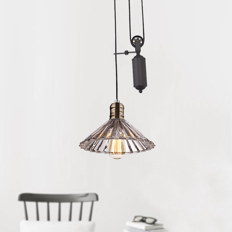 Farmhouse Pendant Light: Cone-Shaped Ribbed Glass Fixture In Bronze/Brass