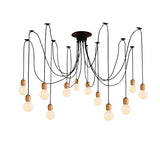 Industrial Wood Swag Pendant Lamp With Exposed Bulb - Black Finish 8/12 Lights For Dining Room