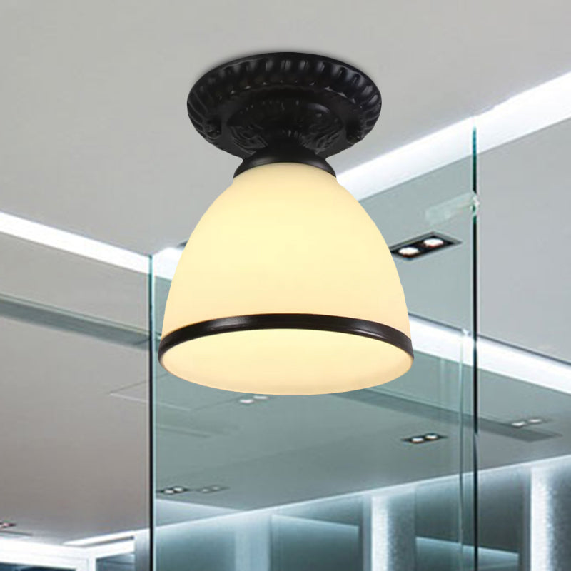 Industrial Black Semi Flush Ceiling Light With Milky Glass Shade – Perfect For Gallery