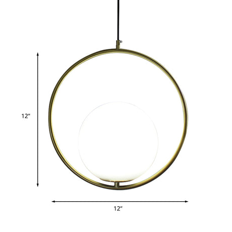 Retro Industrial Gold Suspension Light - 1 Head Ring Pendant With Opal Glass Shade 12/14 Width
