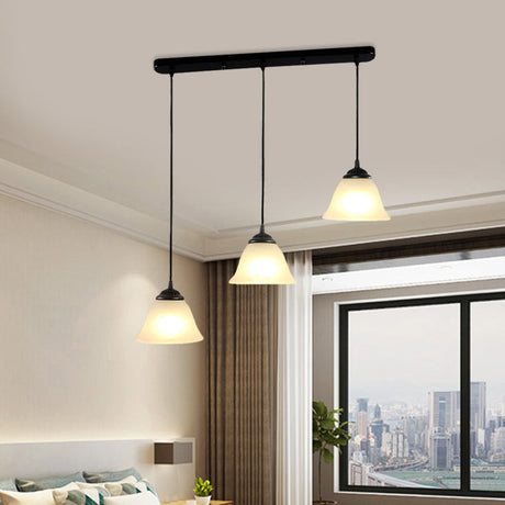 Vintage Flared White Glass Dining Room Pendant Light Fixture With Linear Canopy - 3-Light Multi