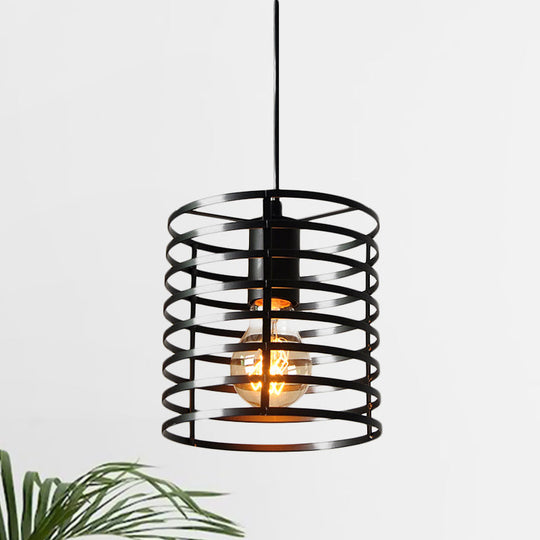 Retro Style Black/White Cylinder Cage Pendant Ceiling Lamp - Adjustable Height Indoor Metal Hanging