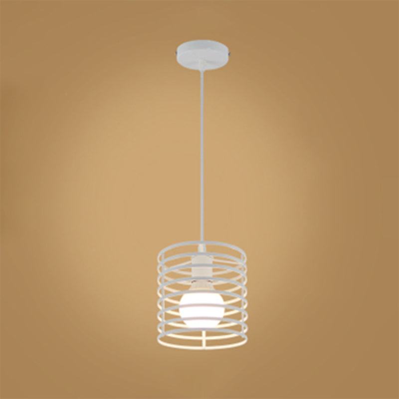 Retro Style Black/White Cylinder Cage Pendant Ceiling Lamp - Adjustable Height Indoor Metal Hanging