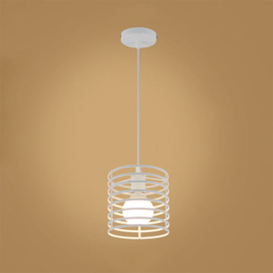 Retro Style Black/White Cylinder Cage Pendant Ceiling Lamp - Adjustable Height Indoor Metal Hanging