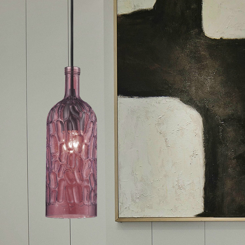 Vintage Yellow/Brown Glass Pendant Light With Dimpled Bottle Shade - 1-Light Fixture For Living Room