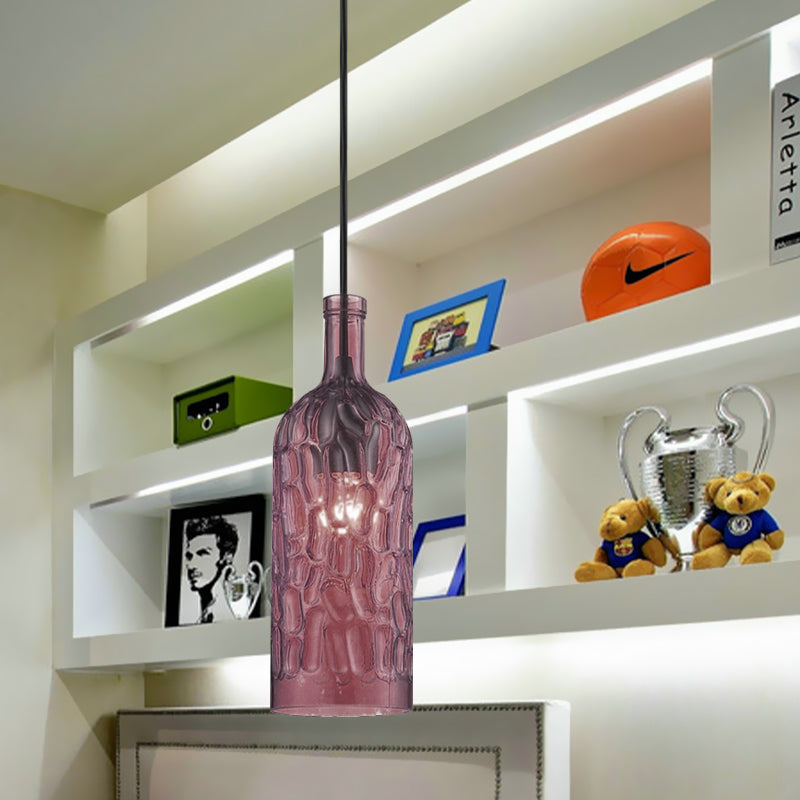 Vintage Yellow/Brown Glass Pendant Light With Dimpled Bottle Shade - 1-Light Fixture For Living Room