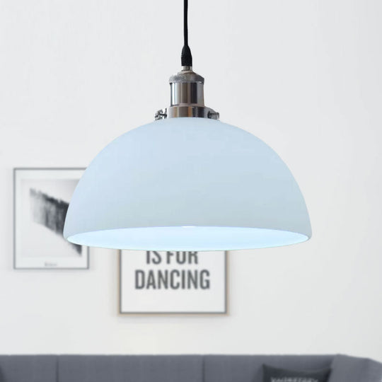 White Glass Industrial Pendant Light Fixture For Living Room With Chrome Dome Ceiling Mount