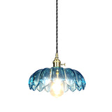 Industrial Scalloped Pendant Light - Blue Glass Hanging Lamp With Ribbed Cover Sizes: