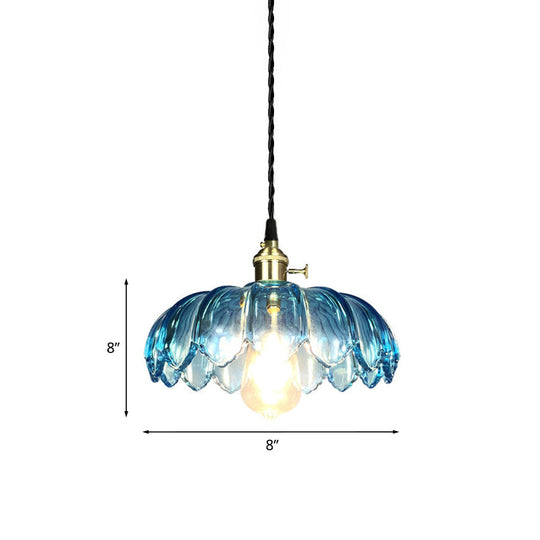 Industrial Scalloped Pendant Light - Blue Glass Hanging Lamp With Ribbed Cover Sizes: