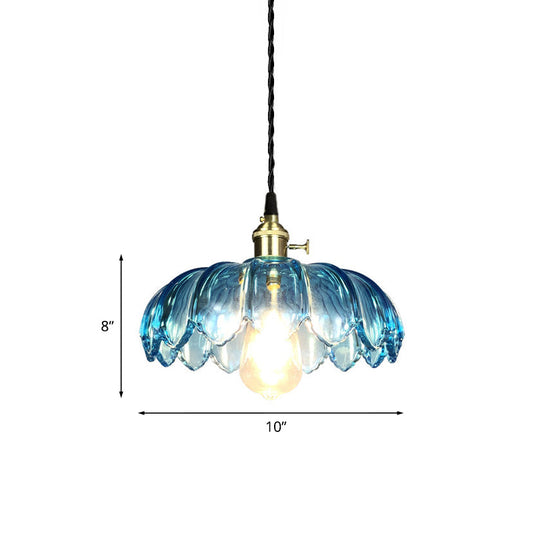 Industrial Scalloped Pendant Light - Blue Glass Hanging Lamp With Ribbed Cover Sizes: