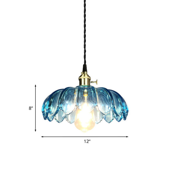 Industrial Scalloped Pendant Light - Blue Glass Hanging Lamp With Ribbed Cover Sizes: