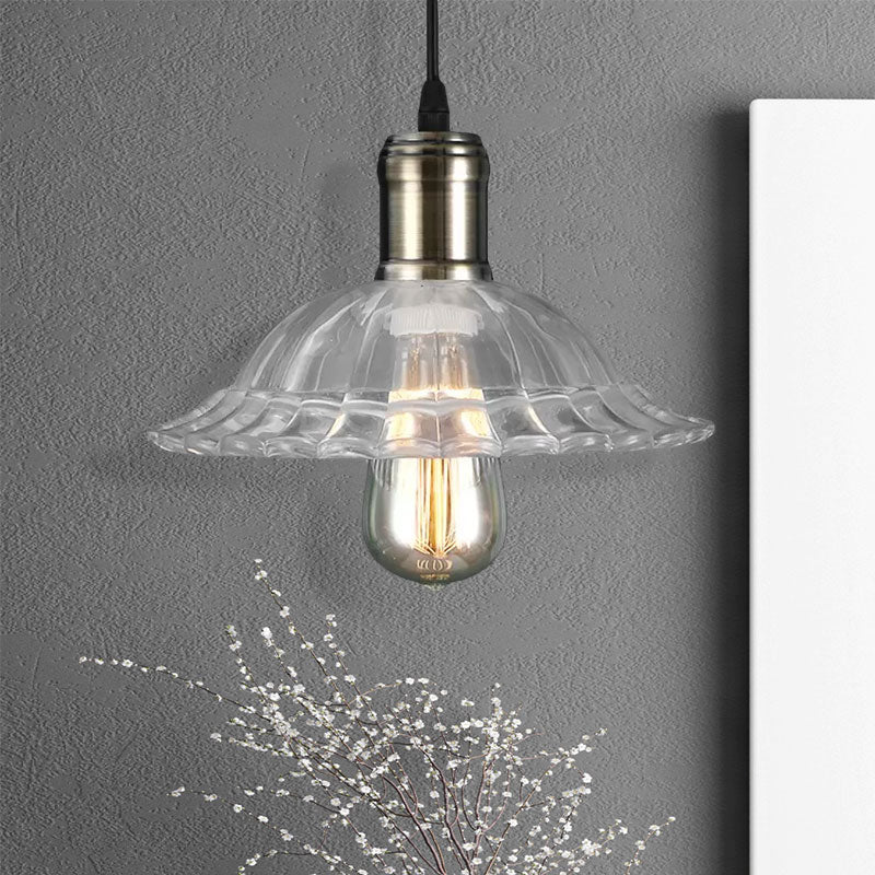 Hanging Ceiling Light With Scalloped Ribbed Glass Shade - Industrial Pendant Lighting For Living