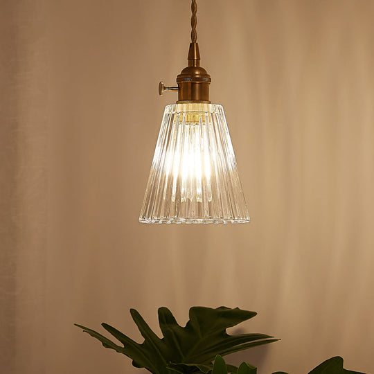 Modern Flared Clear Glass 1-Light Pendant Ceiling Light In Brass