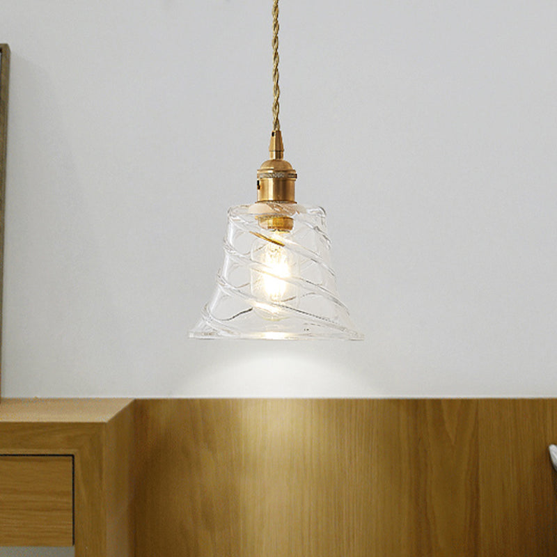 Modern Bell Shaped Clear Glass Pendant Light With Flower/Spiral Design - One Ceiling Fixture