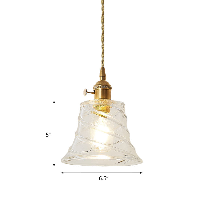Modern Bell Shaped Clear Glass Pendant Light With Flower/Spiral Design - One Ceiling Fixture