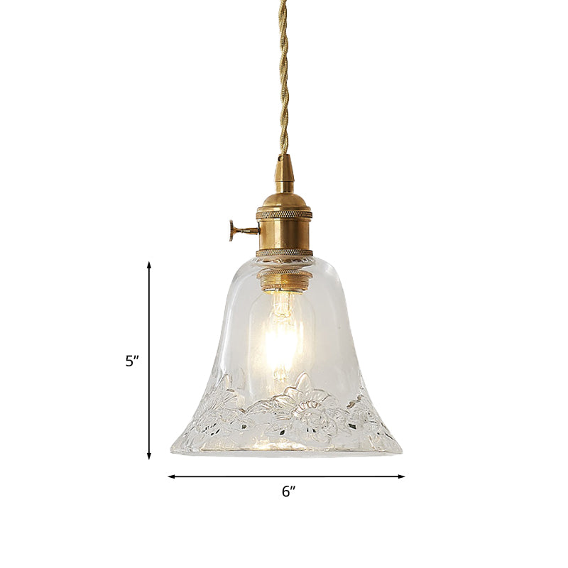 Modern Bell Shaped Clear Glass Pendant Light With Flower/Spiral Design - One Ceiling Fixture