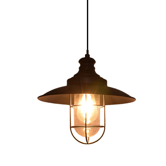 Coastal Black Clear Glass Ceiling Pendant Light With Iron Cage - Ideal For Coffee Shops