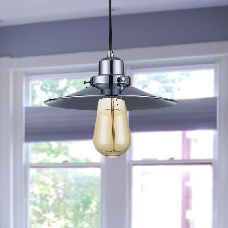 Industrial Retro Metal Pendant Light In Polished Chrome - Flared Shade 1-Bulb Hanging Lamp For