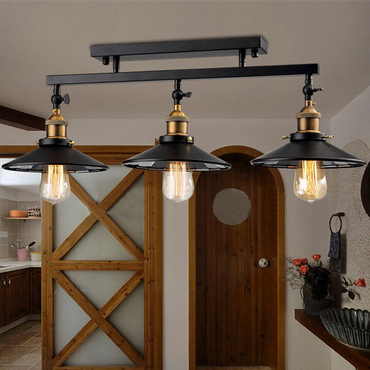 Black Metal Vintage Island Ceiling Light Fixture With Cone Shades - 3 Heads Stylish For Living Room