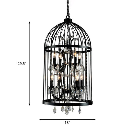 Vintage Industrial Black Metal Pendant Light With Crystal Deco - Multi Birdcage Hanging Design