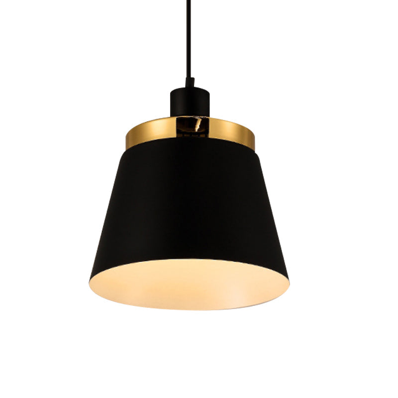 Modern Metallic Pendant Lamp With Black Barrel Shade - Stylish 1-Light Ceiling Light For Bedroom