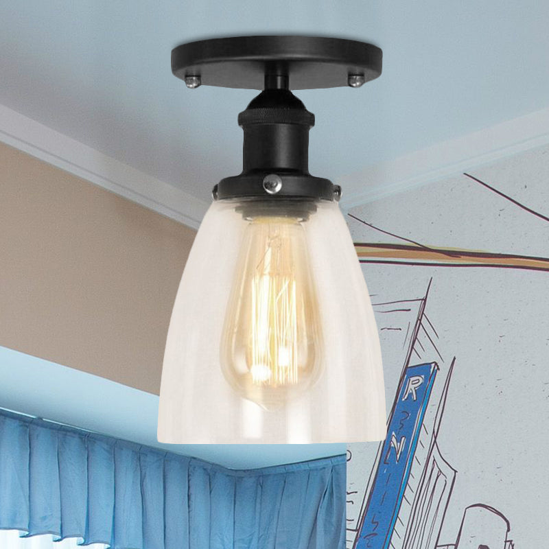 Industrial Clear Glass Cone Semi - Flush Light In Black For Living Rooms