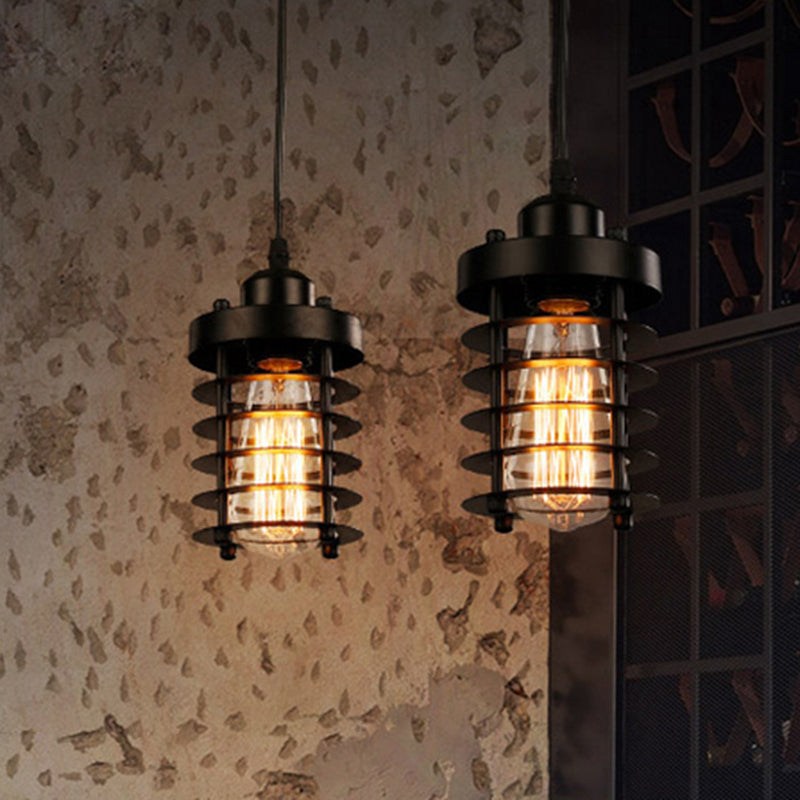 Industrial Pendant Light With Metallic Cage Shade - Matte Black/Rust Ideal For Table Lighting