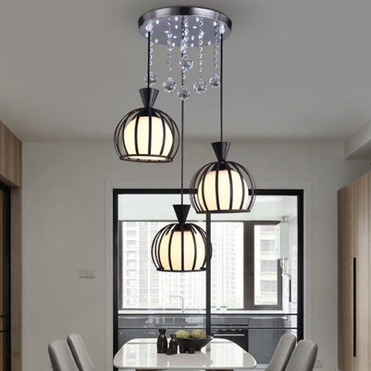 Retro Domed Cage Pendant Light With Clear Crystal Ball Deco - Stylish Metal Hanging Lamp (3 Lights)
