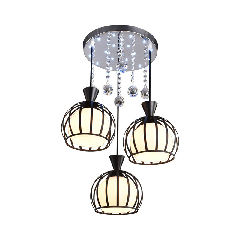 Retro Stylish Domed Cage Hanging Lamp - 3 Metal Pendant Lights With Clear Crystal Ball Deco In