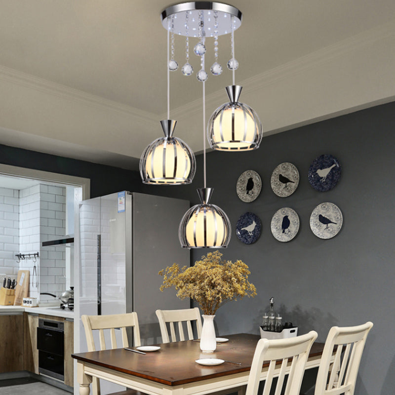 Retro Domed Cage Pendant Light With Clear Crystal Ball Deco - Stylish Metal Hanging Lamp (3 Lights)