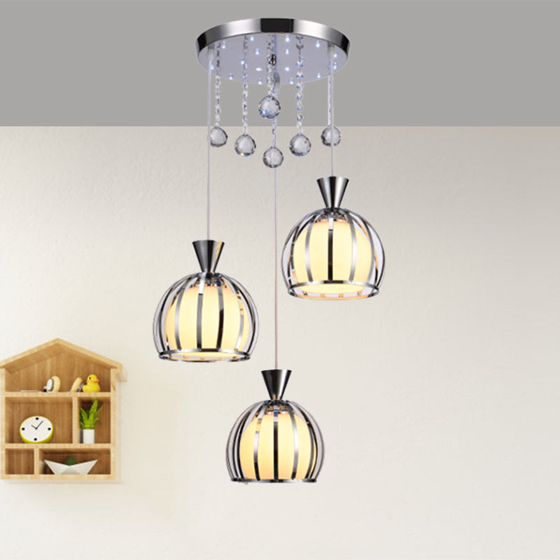 Retro Stylish Domed Cage Hanging Lamp - 3 Metal Pendant Lights With Clear Crystal Ball Deco In