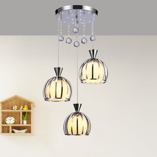 Retro Domed Cage Pendant Light With Clear Crystal Ball Deco - Stylish Metal Hanging Lamp (3 Lights)
